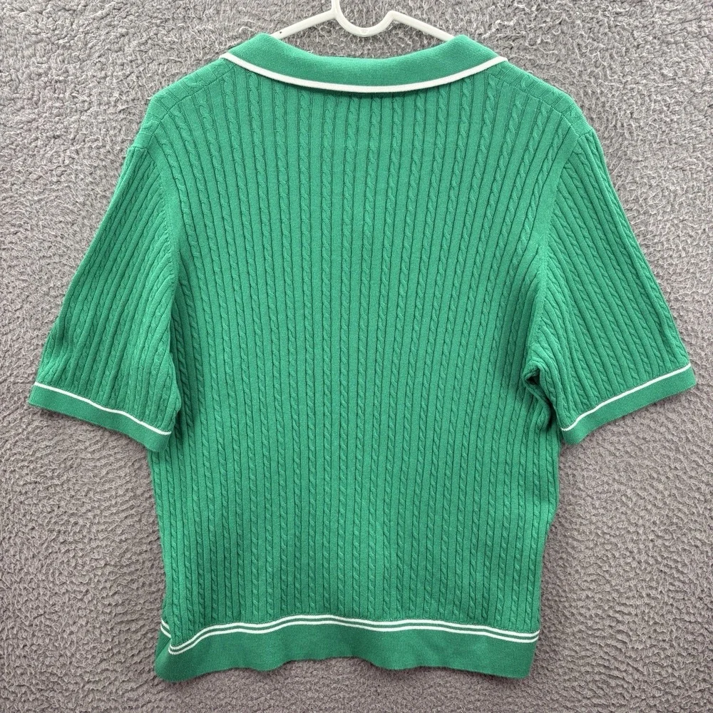 Adrianna Papell Sweater Womens XL Green Cable Knit Short Sleeve Collared Top